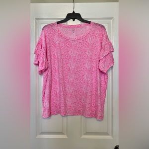 Women’s Crown & Ivy Hot Pink Short Ruffled Sleeve T-Shirt, Size 3X